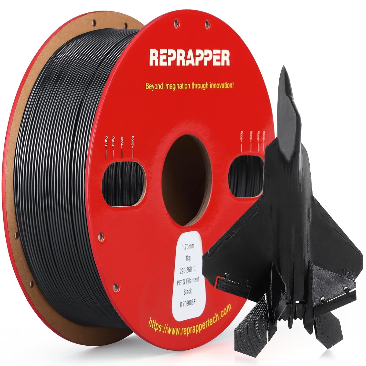 RepRapper Black PETG 3D Printer Filament 1 kg(2.2lbs), High Toughness Weather Resistant Filament 1.75mm, Dimensional Accuracy +/- 0.02mm, Fit Most FDM Printers