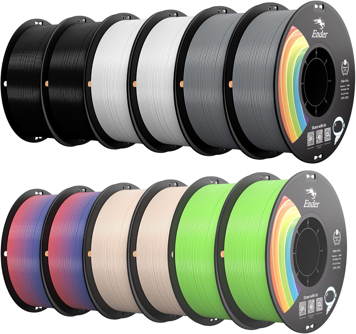 Creality PLA+ Filament 1.75mm 12KG, 3D Printer Filament 12 Pack 1kg Spool,Multi-Color 3D Printing Filament for Most FDM Printers(Black White Grey Rainbow Beige & Apple Green)