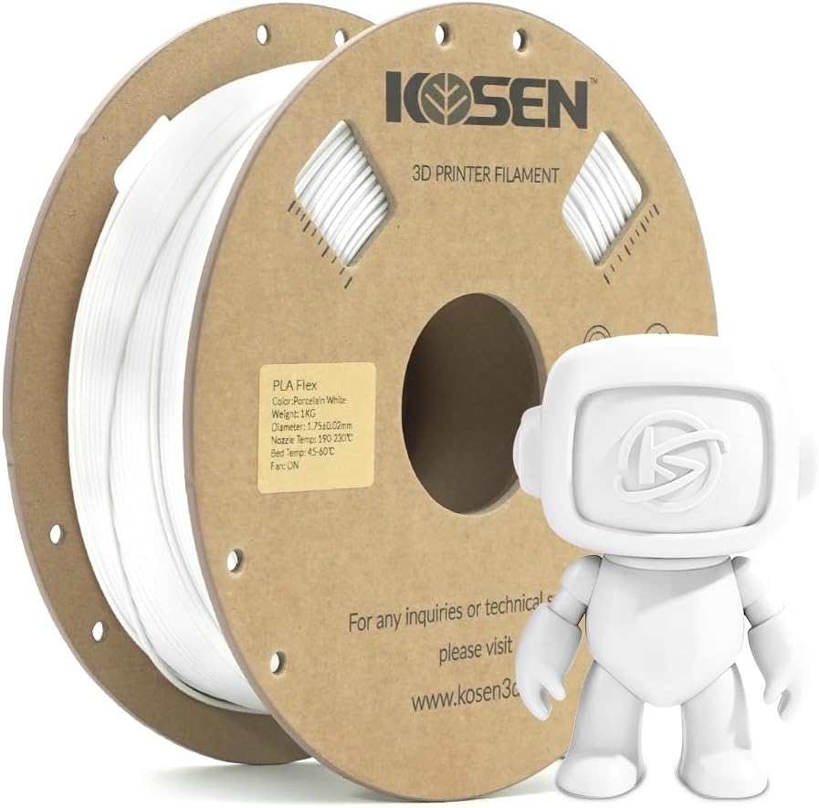 KOSEN PLA 3D Printer Filament PLA Flex Filament 1.75mm, Dimensional Accuracy +/- 0.02 mm, Neatly Wound 3D Printing Filament Fit Most FDM 3D Printers, 1kg Spool (2.2lbs) (Porcelain White)